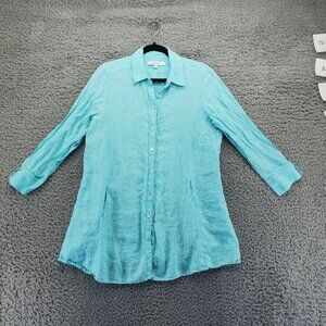 Foxcroft Top Womens Size 10 Turquoise Button Up 3/4 Sleeve 100% Linen